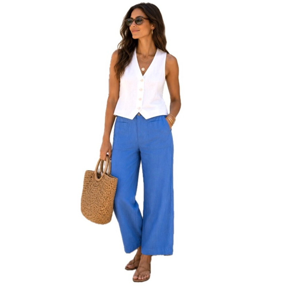 Nicole Miller,  New York 100% Linen Wide Leg Pants Blue, Size 12 EUC